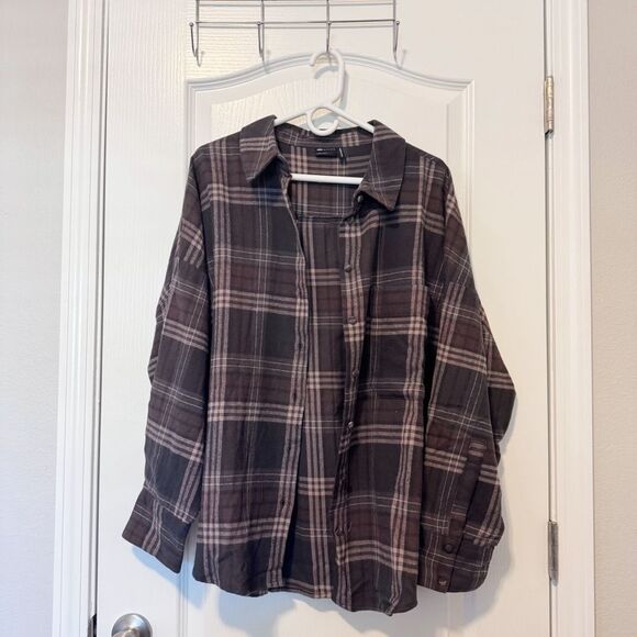 ASOS DESIGN Curve Oversized Flannel Shirt Brown Plaid NEW Size 14 Cotton Shacket - Picture 7 of 11